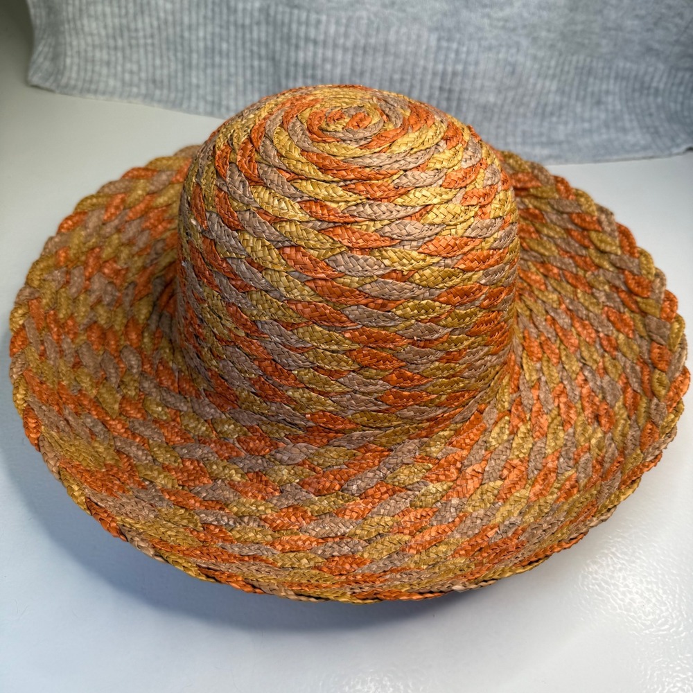 Vintage Woven Raffia Floppy Sun Hat Orange Gold Brown Wide Brim Summer Beach